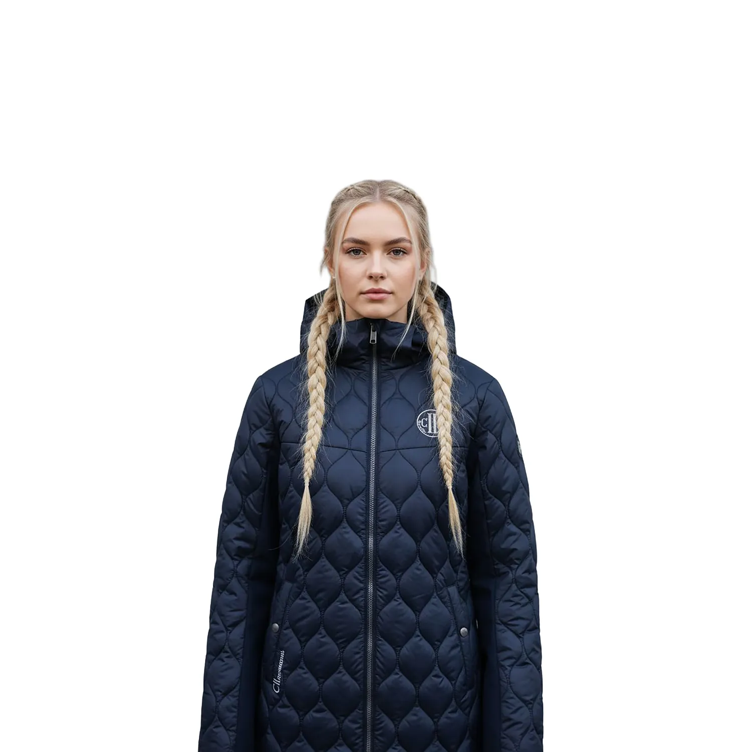 C2E Camarillo quiltet lang frakke navy aftagelig hætte