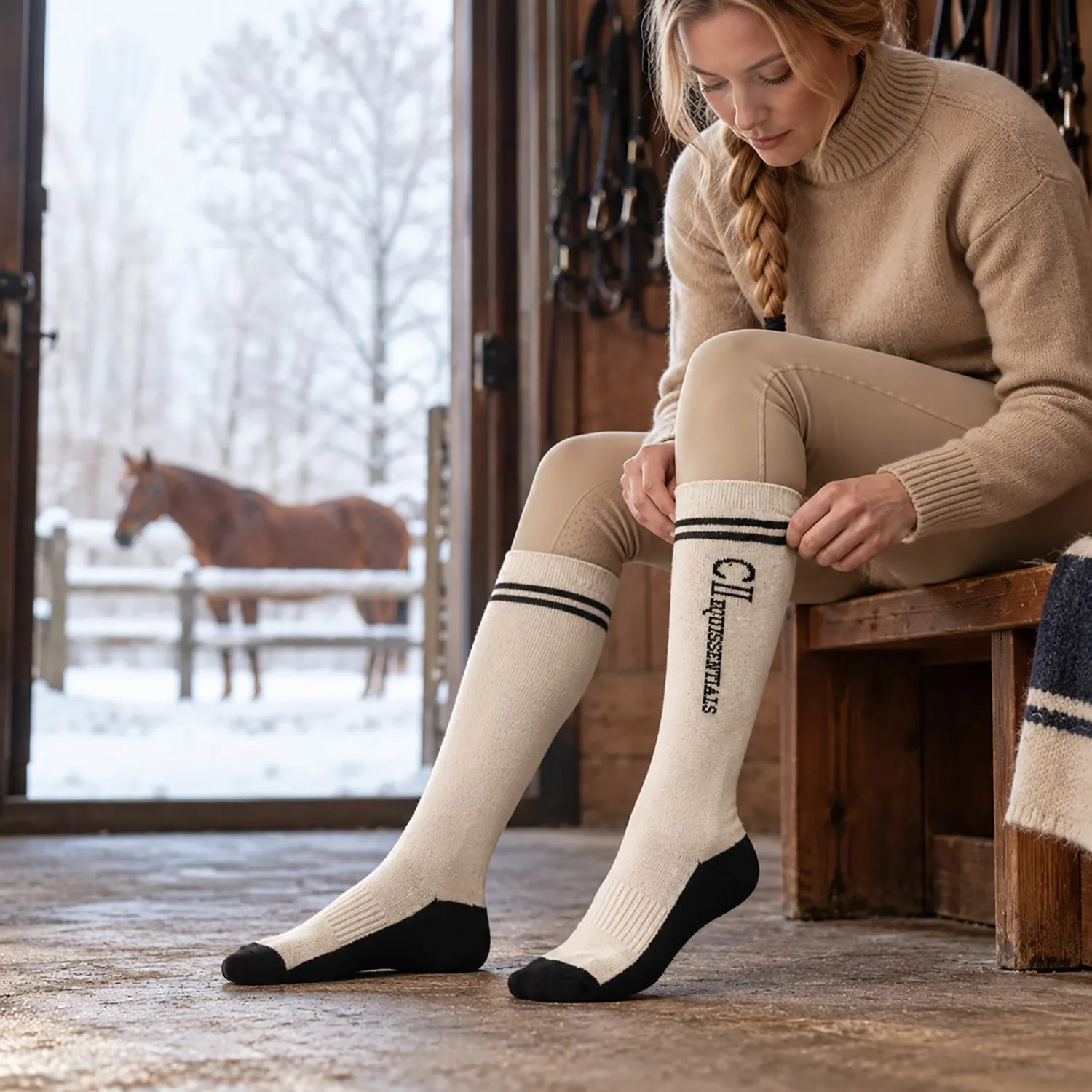 C2E Roseville uld ridestrømper offwhite varme